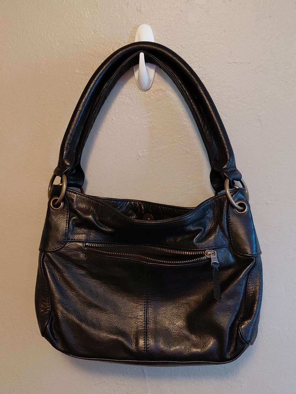 Black Leather Shoulder Hobo Bag with Front Zip Pocket